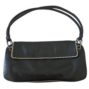 Plinio Visona Black Pebbled Leather Shoulder Bag White Stitching Minimalist